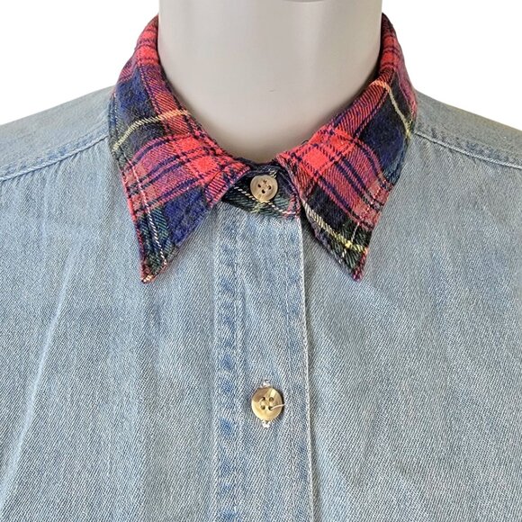 Vintage 90s Plaid Denim Shirt Women Medium Blue Red Button Up Collar Long Sleeve - Picture 11 of 16